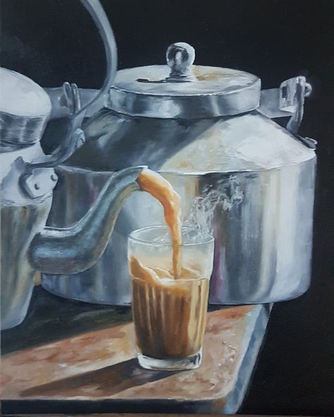 Tea Painting Aesthetic, Acrylic Painting For Kitchen Wall Decor, Canvas Food Painting, Indian Watercolour Painting, Chai Tea Drawing, Masala Chai Illustration, Food Wall Art Paintings, Tea Acrylic Painting, Tea Painting Art