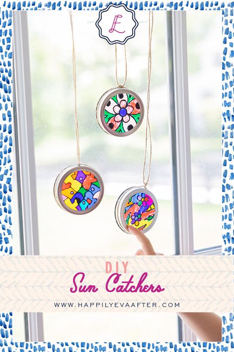 DIY Sun Catchers: Rainy Day Activities for Kids - Happily Eva After Suncatchers For Preschoolers, Wind Chime Craft For Kids, Glue Suncatchers For Kids, Making Sun Catchers, Preschool Suncatcher Craft, Easy Suncatcher Craft, Sun Catcher Crafts For Kids, Making A Suncatcher, How To Make A Suncatcher