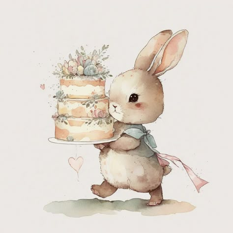 Baby Animals Illustration, Animal Birthday Cards, Birthday Bunny, Bunny Watercolor, Baby Animal Drawings, Birthday Illustration, Baby Illustration, Cute Animal Illustration, Bunny Birthday