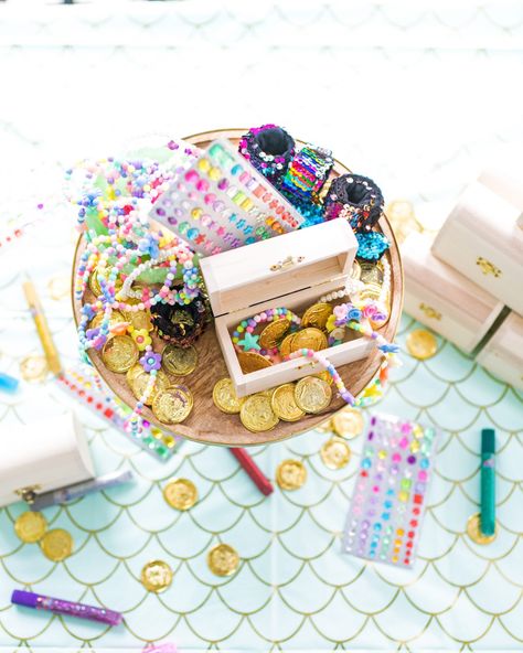 Mermaid Birthday Party Treasure Chest Activity & Party Favor Treasure Chest Party Favors, Mermaid Birthday Giveaways, Mermaid Birthday Party Treasure Hunt, Mermaid Party Packs, Treasure Chest Mermaid Party, Dive Into Five Mermaid Birthday, Mermaid Treasure Chest, Treasure Chest Craft, Childhood Photography