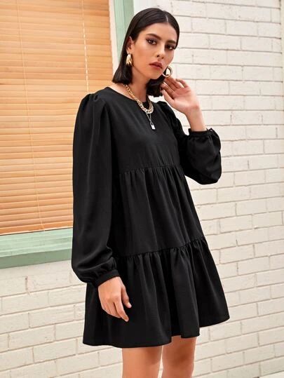 Shop All Women's Clothing | Best Selling Clothing | SHEIN USA Black Smocked Dress, Babydoll Dress Outfit, Black Smock Dress, Black Puff Sleeve Dress, Simple Frock Design, Frock Fashion, Smocked Dresses, Tunic Designs, Black Ruffle Dress