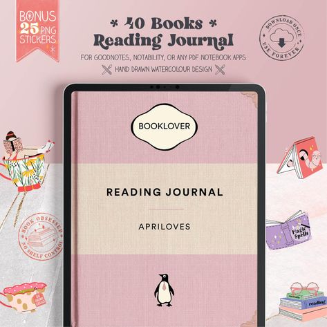 Digital Reading Planner Journal, Book Tracker Reading Journal Cover Page Digital, Goodnotes Template Free Book Journal, Reading Journal Cover, Reading Journal Goodnotes, Journal Book Tracker, Digital Reading Journal, Study Supplies, Reading Planner, Goodnotes Template