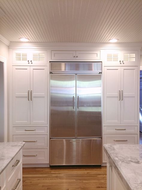 Kitchen Pantry Fridge Wall, Kitchen Fridge With Cabinets, Fridge Wall With Pantry, Fridge And Pantry Wall Built Ins, Refrigerator Pantry Surround, Built In Refrigerator Wall With Cabinets, Wall Cabinets With Fridge, Floor To Ceiling Cabinets Around Fridge, Pantry Wall With Refrigerator