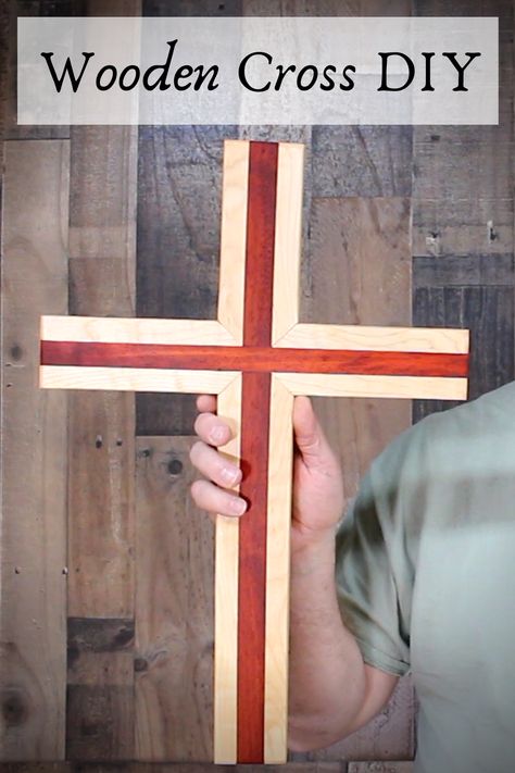 Learn how to make a beautiful wooden cross. This one is made from Padauk wood and Maple. A great home decor piece or it will make a great gift. You only need a few simple tools. Easy-to-make weekend project. You can either read my tutorial or watch the YT video. Diy Wood Easter Projects, Diy Wooden Cross Wall Art, Wood Crosses Ideas Projects, How To Make A Wooden Cross, Wood Crosses Ideas Diy, How To Make A Cross, Rustic Wood Crafts Diy, Wood Crosses Ideas, Diy Wood Cross