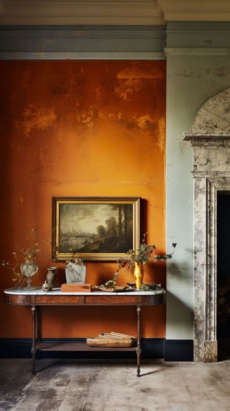 Burnt Orange Interior Design, Burnt Orange Accent Wall Living Room, Burnt Orange Walls, Burnt Orange Interior, Chocolate Branding, Colour Studies, Orange Couch, Orange Rooms, Dark Decor