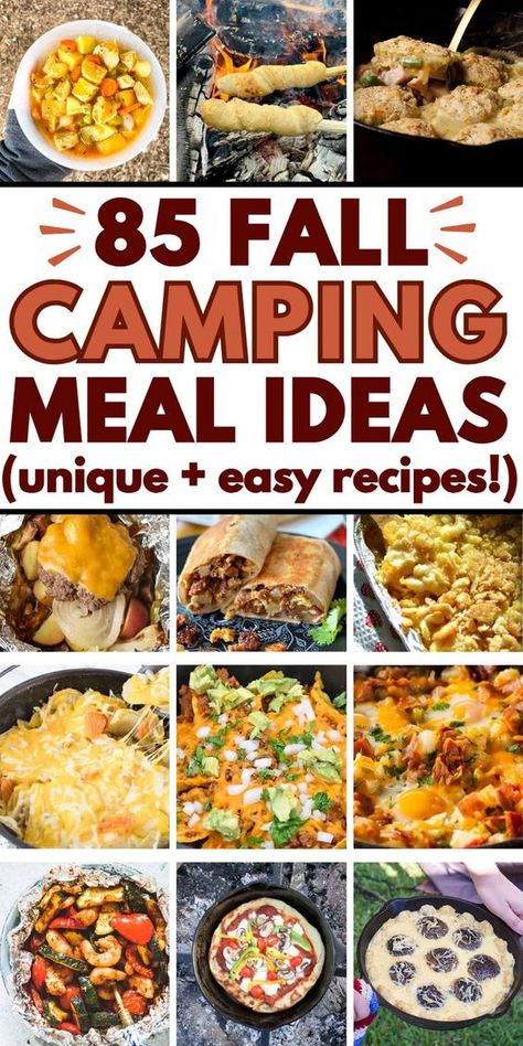 Easy fall camping meals and food ideas! These fun fall campfire dinners, breakfast ideas, snacks, and desserts will complete your fall camping trip menu. Camping meal planning is easy with these fall camping recipes dinners, fall camping meals make ahead, camping food list, fall camping necessities, fall camping ideas food, fall camping meal ideas for tent, camper, or fall rv camping recipes. Campfire meals, cozy fall camping aesthetic, easy fall camping meals dinners, outdoor camping must haves Fire Meals Camp, Camping Dinners Over The Fire, Mountain Vacation Food Ideas, Campsite Food Ideas, Hot Camping Meals, Camping Food Prep Ideas, Camping Halloween Food, Music Festival Camping Meals, Easy Camper Dinners