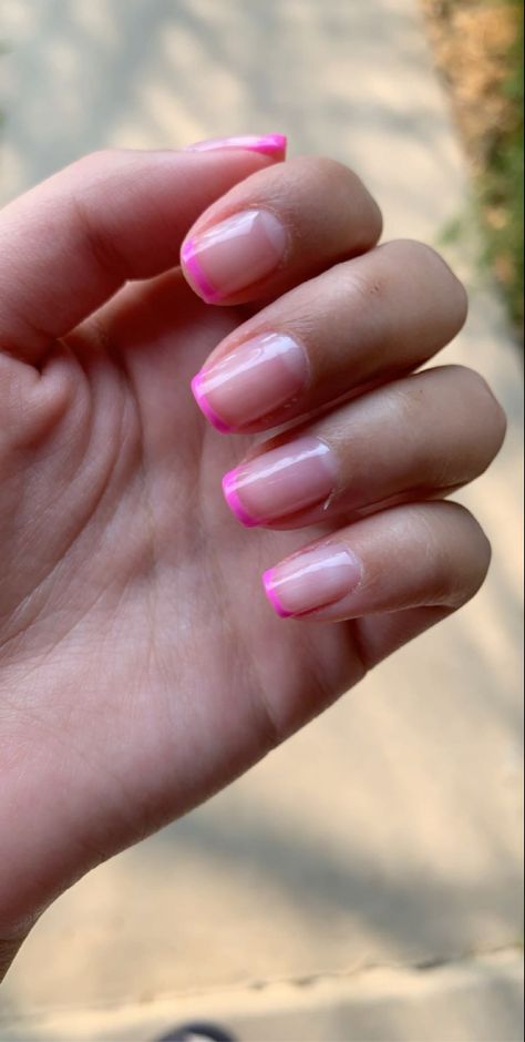 Neon Pink French Manicure, Clear Nails With Pink Tips, Clear Nails Pink Tips, Barbie Pink French Tip Nails Square, Pink French Tip Nails Gel, Pink Tip Gel Nails, Barbie Pink French Tip Nails Short, Neon Pink Tip Nails, Clear Nails With Colored Tips