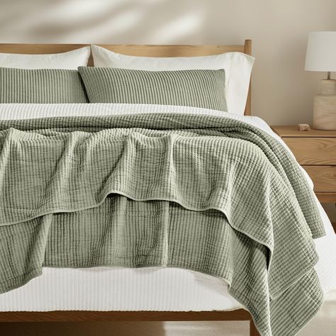 PRICES MAY VARY. RELAXED & LIGHTWEIGHT - Our cotton coverlet bedding set features pre-washed cotton fabric shell on both sides. The skin-friendly cotton fabric ensures a relaxing touch, while its lightweight and breathable nature keeps you warm without overheating, allowing you to enjoy a restful sleep throughout the year. ELEVATED RIBBED DESIGN - Elevate your bedroom with our exquisite cotton bedspread set, featuring a delicate ribbed matelassé. This unique texture embodies both relaxed refinem Queen Bedding Set, Green Pillow Shams, Sage Green Comforter Sets, Sage Green Plaid Bedding, Sage Green Bed Pillows, Guest Bedroom Green Bedding, Warm Coastal Bedroom, Bedroom Ideas Green And White, Sage Green Bedspread