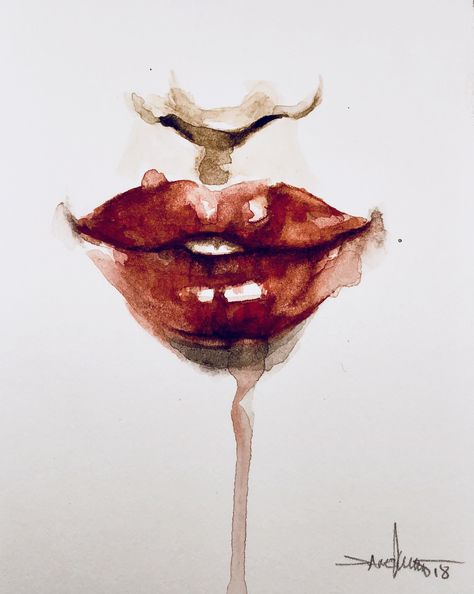 Watercolor Gore Art, Mouth Illustration Lip Drawings, Vampire Watercolor Art, Lip Artwork Drawings, Watercolor Pop Art, Lipstick Art On Paper, Dark Watercolor Art Inspiration, Edgy Watercolor, Grunge Watercolor Art