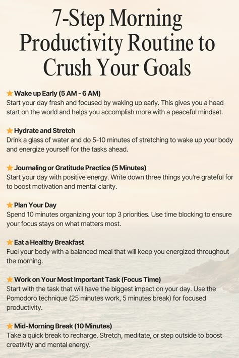 Looking to boost your productivity and kickstart your day with purpose? This morning routine is designed to help you stay focused, energized, and motivated. From planning your day to prioritizing self-care, these simple yet powerful steps will transform your mornings and set you up for success. 🌞 #ProductivityHacks #MorningRoutineGoals #HealthyHabits #DailyPlanning #CrushYourGoals #SelfCareRoutine #TimeManagementTips #DeepWorkFocus #MotivationMonday #MorningMindset #GratitudePractice 5am To 7am Morning Routine, 4am Morning Routine, Christian Morning Routine, 5am Morning Routine, 8 Week Workout Plan, Morning Routines List, Organize Motivation, Morning Routine Productive, Good Leadership Skills