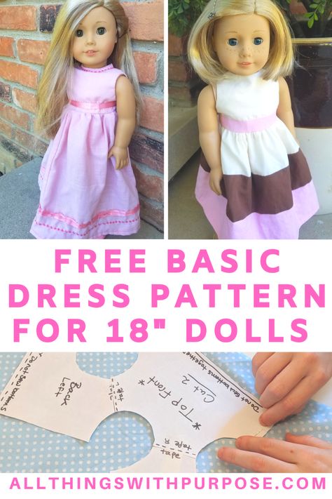 Free Basic Dress Pattern for American Girl and 18" Dolls Doll Dress Patterns Free, American Girl Clothes Patterns, American Girl Dress Pattern, Our Generation Doll Clothes, Basic Knitting, Basic Dress Pattern, Knitting Doll, American Girl Doll Diy, American Girl Dress