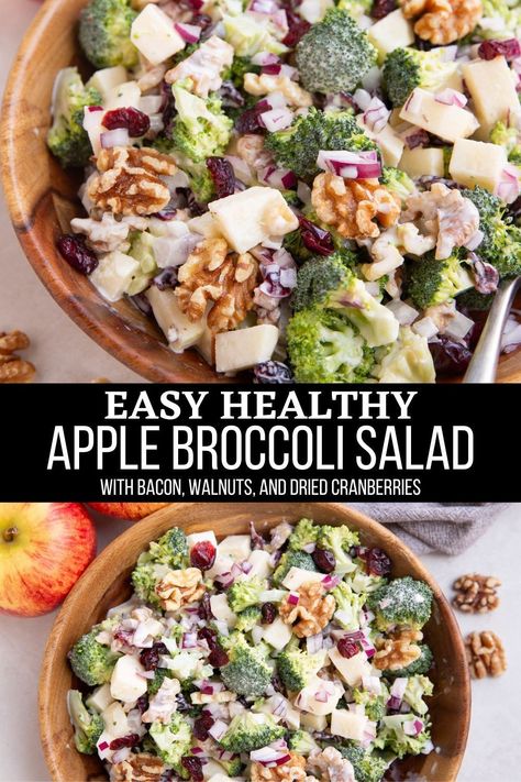 Apple Broccoli Salad with Walnuts, dried cranberries, bacon, red onion and a creamy dressing is the perfect broccoli salad recipe for fall! Serve it up at holiday gatherings or make it for meal prep to add veggies to your weekday meals. #salad #broccoli #healthy #sidedish Perfect Broccoli, Apple Broccoli Salad, Apple Cranberry Salad, Cranberry Walnut Salad, Salad With Walnuts, Healthy Broccoli Salad, Apple Walnut Salad, Allergy Recipes, Recipe For Fall