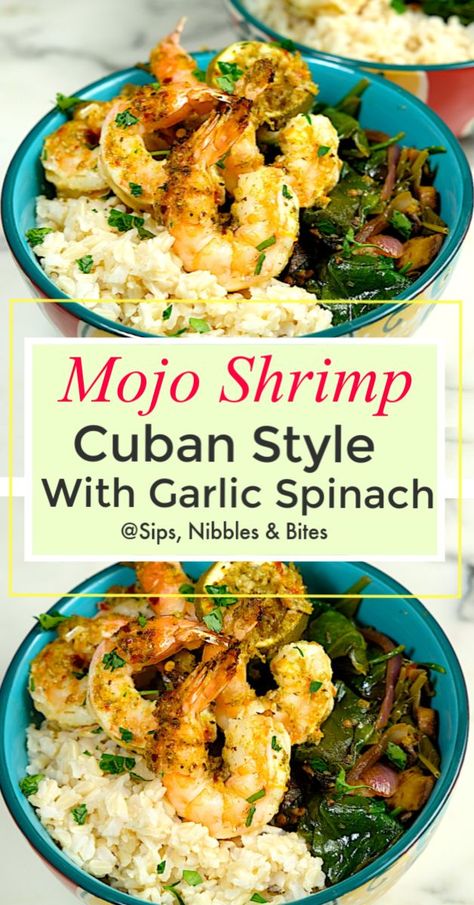 Mojo Shrimp Recipe, Shrimp Mushrooms Spinach Recipes, Pescatarian Bbq Ideas, Shrimp Spinach Rice Recipes, Cuban Shrimp Recipes, Cuban Seafood Recipes, Shrimp With Mushrooms Recipes, Caribbean Shrimp Recipes, Spinach And Shrimp Recipes