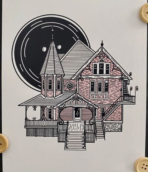 Pink Palace Tattoo, Coraline House Drawing, Coraline House Tattoo, Coraline Drawing Aesthetic, Coraline Illustration, Beetlejuice House Drawing, Coraline Artwork, Coraline's House Drawing, Coraline Tattoo Black And White