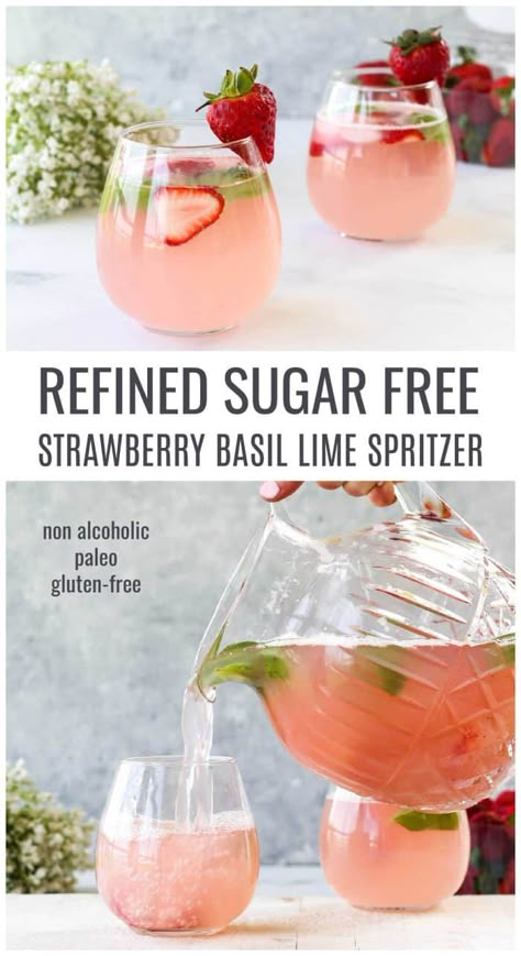 Non Alcoholic Drinks Strawberry, Non Alcoholic Fruit Spritzers, Gluten Free Mocktail, Mocktail By The Pitcher, Bridal Shower Mocktails, Sparkling Mocktails Non Alcoholic, Strawberry Lime Mocktail, Healthy Summer Mocktail, Pitcher Mock Tails