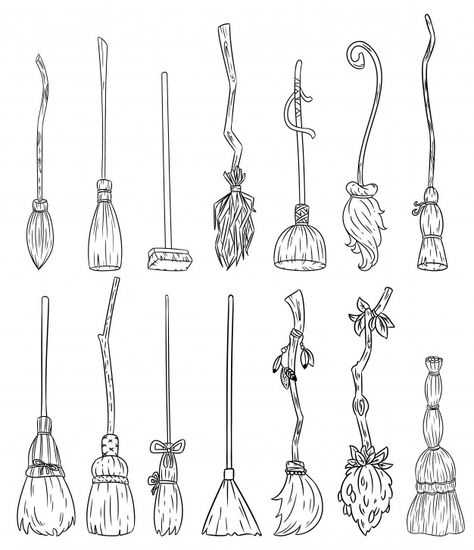 Set of cute broomstick doodles Premium V... | Premium Vector #Freepik #vector #vintage #party #halloween #house Witches Flying On Brooms, Flying Witch Drawing, Witch Broomstick Drawing, Broomstick Tattoo Design, Witches House Drawing, Harry Potter Broom Drawing, Witch On Broom Drawing Reference, Witch Broomstick Tattoo, Witch Doodles Easy