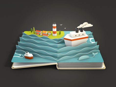 One of my recent projects - a menu for AirPano iOS app. Each double page in the book is a new landscape: sea, mountains, cities and etc. :)  Сan't wait to see it animated! Carton Craft, Arte Pop Up, Paper Engineering, Pop Up Art, Paper Pop, Sea Design, Low Poly Art, 카드 디자인, Web Graphic Design