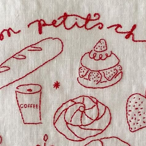 Hannah - commissions closed until 2024 on Instagram: "Hand embroidered napkin, to be framed and hung in the best, most delicious patisserie in Liverpool - @monpetitchoulpl I’m so proud of this piece, and where it’s going 🤩 thank you so much Betty for trusting me and giving me the opportunity to fill your lovely shop with embroidery!" Embroiderd Napkins, Embroider Words By Hand, What To Embroider On, Napkin Embroidery Ideas, Embroidery Ideas Aesthetic, Hand Embroidery Ideas Projects, Embroider Napkins, Embroidery With Fabric, How To Embroider By Hand