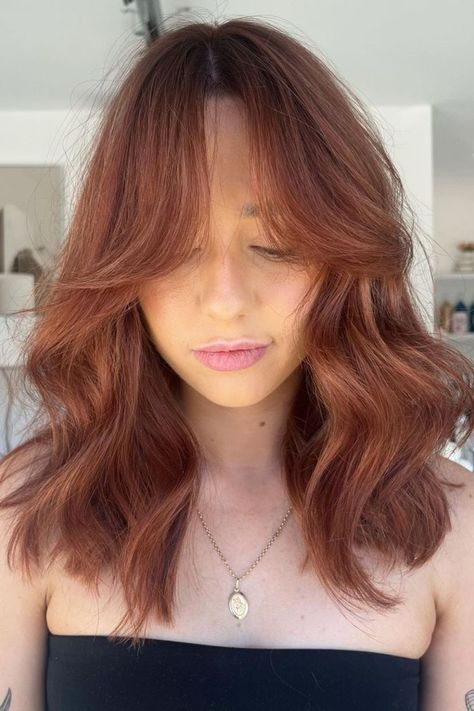 Copper Hair Color Medium Length, Copper Medium Length Hair, Medium Length Haircut Copper, Mid Length Hair Copper, Medium Length Straight Copper Hair, Light Copper, Copper Hair, Hairstyles With Bangs, Hair Inspo