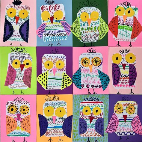 Grade One Art Projects, Preschool Animal Art, Second Grade Art Lessons, Kindness Art Projects For Kids, First Grade Art Lessons, 1st Grade Art Lessons, Owl Art Project, Line Art Owl, Kindergarten Collage