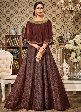 Brown Art Silk Cape Style Anarkali Suit Party Wear Frocks, Brown Floor, Sangeet Outfit, Poncho Dress, Lehnga Dress, Long Gown Dress, Salwar Kamiz, Indian Gowns Dresses, Indian Gowns