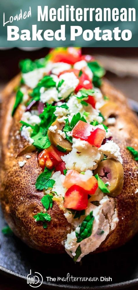 Loaded Baked Potato, Mediterranean-style | The Mediterranean Dish Baked Potato Recipe, The Mediterranean Dish, Mediterranean Diet Meal Plan, Loaded Baked Potato, Easy Mediterranean Diet Recipes, Baked Potato Recipes, Low Carb Side Dishes, Loaded Baked Potatoes, Potato Recipe