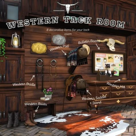 Western Tack Room | Patreon Western Tack Room, Sims 4 Horse Ranch, Horse Tack Rooms, Sims Love, Sims Pets, Ranch Furniture, Sims 4 Stories, Sims 4 Tsr, Western Tack