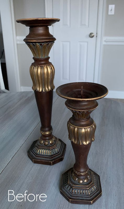 Metal Candle Holders Decor Ideas, Painting Candle Sticks, Painting Candlesticks, Chalk Painted Candlesticks, Candlestick Decor Ideas, Painted Brass Candlesticks, French Country Candlesticks, Candle Stick Decor Ideas, Repurposed Candle Sticks