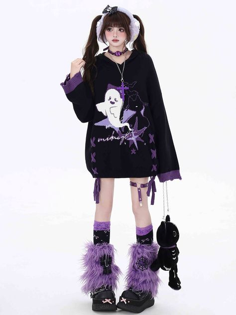 Embrace the Halloween spirit with our uniquely designed Colorblock Hooded Sweater. Featuring an adorable Little Ghost on the front, this sweater combines spooky fun with stylish flair. The colorblock design adds a contemporary touch, while the lace-up detail on the sides brings an additional layer of visual interest. For a playful twist, the cuffs are adorned with distressed holes, giving the sweater a trendy, worn-in look. Perfect for Halloween festivities.  Garment Size   	 		 			Size 			S 			M 		 		 			Full Length 			70 			72 		 		 			Bust 			116 			120 		 		 			Shoulders 			64 			65 		 		 			Sleeve Length 			50 			51 Pastel Goth Outfit Ideas, Alt Icons, Purple Contrast Color, Relatable Art, Fem Outfits, Purple Contrast, Bubble Goth, Goth Outfit Ideas, Dark Girl