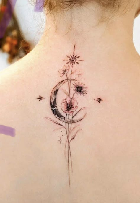 Back Tattoo Women Spine, Borboleta Tattoo, Nape Tattoo, Lillies Tattoo, Floral Back Tattoos, Flower Spine Tattoos, Spine Tattoo Ideas, Moon Phases Tattoo, Celestial Tattoo