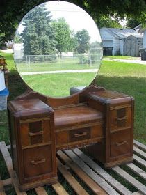 Waterfall Vanity Makeover, Makeup Vanity Makeover, Antique Vanity Makeover, Room Waterfall, Vintage Vanity Makeover, 1930s Bedroom, Antique Makeup Vanities, Vanity Redo, Waterfall Furniture