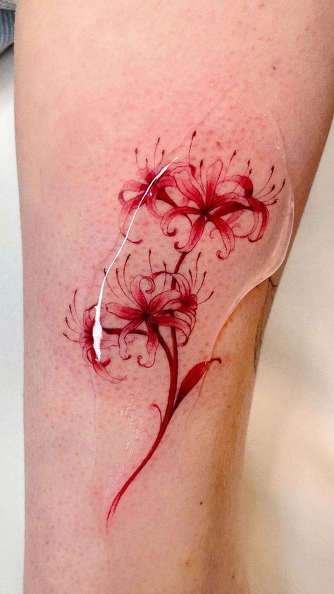 Tattoos Related To Art, Spider Red Lily Tattoo, Tattoo Ideas Spider Lily, Japanese Red Spider Lily Tattoo, Spider Lily Rib Tattoo, Red Tiger Lily Tattoo, Red Spider Lilly Flower Tattoo, Spider Lily Tattoo Stencil, Spider Lily Tattoo Thigh