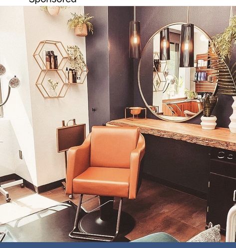 Single Chair Salon Layout, House Salon Ideas Small Spaces, One Chair Salon, Hair Salon Inspiration, Mini Salon Ideas Small Spaces, Salon Suite Ideas Layout, Salon Suite Decor Small Spaces, Boho Salon Suite, Boho Salon Ideas