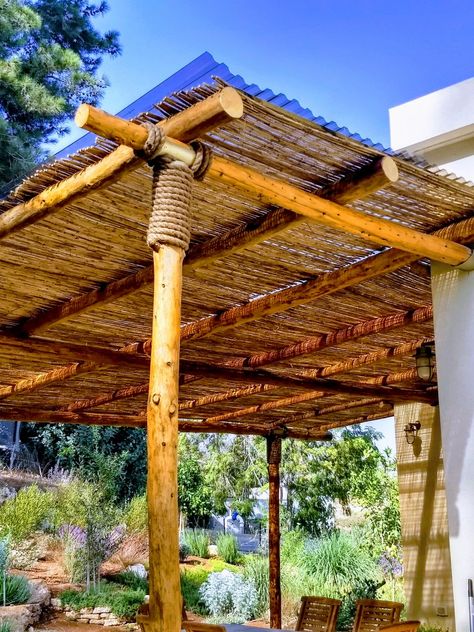 Gum Pole Pergola, Bamboo Pergola Ideas, Palapas Ideas Patios, Wooden Fence Design, Backyard Pergola Ideas, Bamboo Pergola, Pergola Design Ideas, Garden Sitting Areas, Diy Privacy Screen