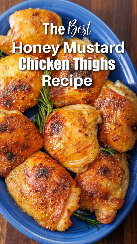 These juicy Baked Honey Mustard Chicken Thighs are irresistibly crisp on the outside and smothered in mouthwatering homemade honey mustard sauce. Homey Mustard Chicken Marinade, Honey Mustard Chicken Oven, Chicken Thigh Recipes Honey Mustard, Maple Chicken Thighs, Honey Mustard Crockpot Chicken, Slow Cooker Honey Mustard Chicken, Honey Mustard Chicken Crockpot, Honey Mustard Sauce For Chicken, Honey Dijon Chicken Thighs