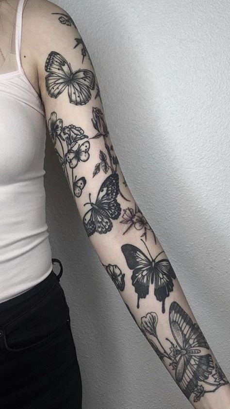 Piece Work Sleeve Tattoo, Filler Pieces Tattoo, Insect Sleeve Tattoo, Insect Tattoo Sleeve, Botanical Tattoo Vintage, Under Knee Tattoos Women, Butterfly Tattoo Sleeve, Dark Floral Tattoo, Butterfly Tattoo Arm