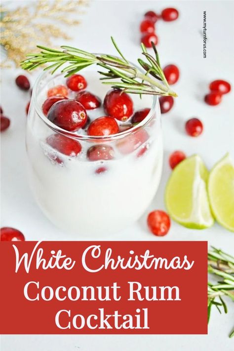 This White Christmas Cocktail is a delicious coconut rum drink, and we garnished it with cranberries and rosemary. A Coconut Rum cocktail to enjoy around Christmastime. Coconut Rum Christmas Drinks, Christmas Cocktails With Rum, Coconut Rum Holiday Drink, Malibu Rum Christmas Drinks, Coconut Christmas Cocktail, Malibu Christmas Drinks, White Rum Drinks, Coconut Rum Drinks Recipes, Drinks Made With Rum