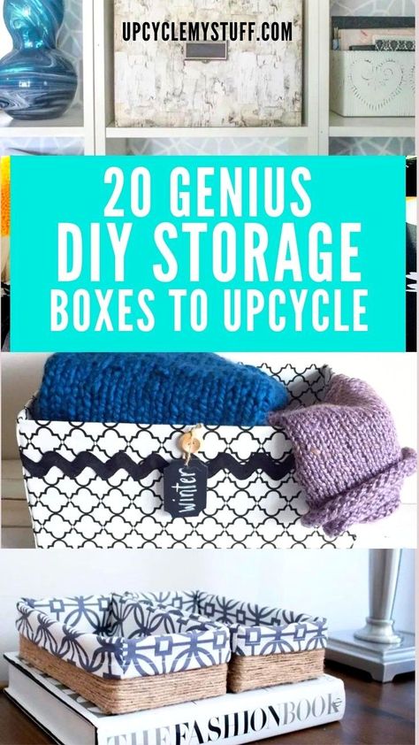 These DIY storage solutions will help you save money when it comes to your home storage and organization. Using upcycled materials you can create your own beautiful home storage for less! Discover fabric covered box tutorials, DIY storage bin tutorials, decorative storage boxes and more in this blog post from Upcycle My Stuff. Covering Plastic Storage Bins, Diy Storage Solutions, Distressed Clothing, Diy Storage Containers, Diy Storage Ideas, Upcycle Storage, Fabric Covered Boxes, Cardboard Storage, Cardboard Box Crafts