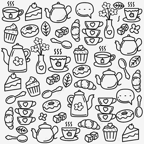 Tea Cup Doodle, Teapot Doodle, Spoon Sketch, Tea Party Drawing, Mug Doodle, Starbucks Chalkboard, Time Doodle, Tea Drawing, Agenda Scrapbook