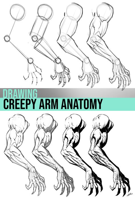 Hello Fellow Artists! I created this next step by step guide for anyone that wants to draw creepy arm anatomy. You never know when you'll need to draw a monsterous arm for one of those evil villains, right? You can find this and other comic art resources on my website at https://www.ramstudioscomics.com . Thanks for stopping by and have a fun day! :) Evil Hands Drawing, Arm Art Anatomy, Hand Drawing Guide, Skeleton Arms Reference, How To Draw An Arm, Arm Drawing Tutorial, Arm Skeleton Anatomy, Monster Anatomy Reference, Skeleton Arm References