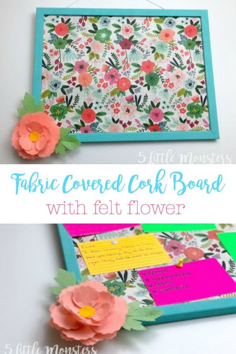 Fabric Covered Cork Board with Felt Flower. Transform a plain boring cork board into a super cute place to pin notes and pictures. All you need is a some paint, Mod Podge, fabric, and felt. Diy Cork Board Ideas, Cork Board Ideas For Bedroom, Covered Cork Board, Fabric Covered Cork Board, Fabric Corkboard, Paint Cork, Mod Podge Fabric, Diy Cork Board, Diy Bulletin Board