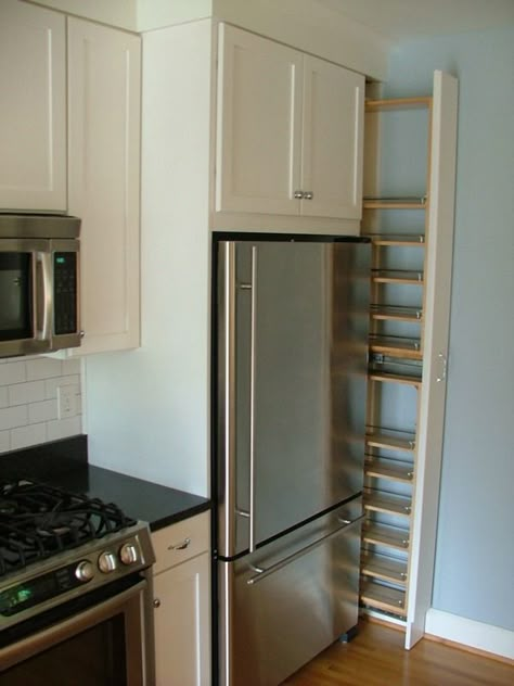 Collamore Built | Residential Design & Construction : Full Height Spice Rack Pull Out.  Clever use of space!! Side Of Fridge Pull Out Storage, Fridge At End Of Kitchen, Spice Rack Beside Refrigerator, Spice Rack Next To Fridge, Pull Out Spice Rack Cabinet Next To Fridge, Side Fridge Spice Rack, Floor To Ceiling Spice Rack, Tall Pull Out Spice Rack Cabinet, Fridge In The Corner