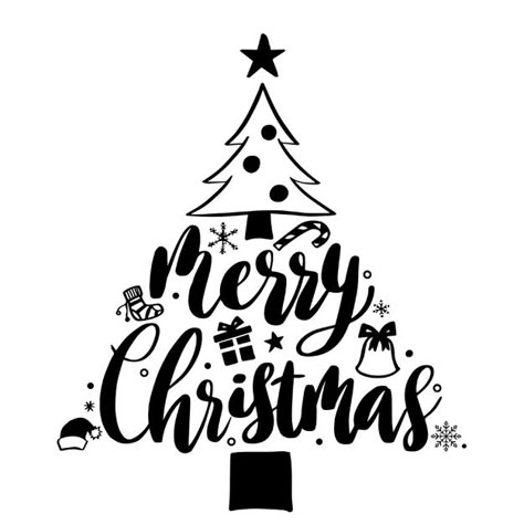 Merry Christmas lettering composition with christmas tree, bell, snowflakes and other Christmas elements premium vector EPS format graphics in black colour. Merry Christmas Black And White, Lettering Composition, Merry Christmas Lettering, Holiday Fonts, Christmas Calligraphy, Christmas Typography, Christmas Vector, Creepy Christmas, Christmas Elements