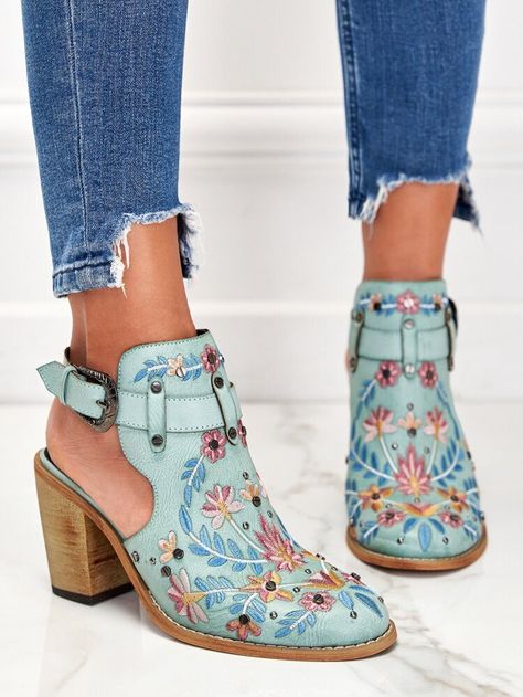 Free Returns ✓ Free Shipping On Orders $49+ ✓. Buckle Detail Chunky Heeled Sandals Boots- Women Fashion Boots at SHEIN. Embroidered Chunky Heels, Chunky Heeled Boots, Comfy Heels, شال كروشيه, Estilo Hippie, Shoes Boots Ankle, Chunky High Heels, Chunky Heels Sandals, Slingback Sandals