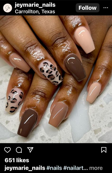 Different Color Nails Brown Shades, Funky Fall Nail Designs, Fall Nails Cheetah, 50th Birthday Nails Design, Chocolate Nail Designs, Brown And Tan Nails, Brown Leopard Nails, November Nails Short, Fall Leopard Print Nails