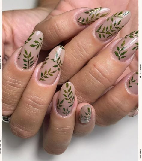 50 Festive Manicure Ideas To Inspire Your First Trip Back To The Salon - Zoella Green Nails Plants, Green Plant Nail Design, Plant Acrylic Nails, Plant Inspired Nails, Green Plant Nails, Ivy Nail Art, Plant Nail Art, Cottagecore Nails, Ivy Nails