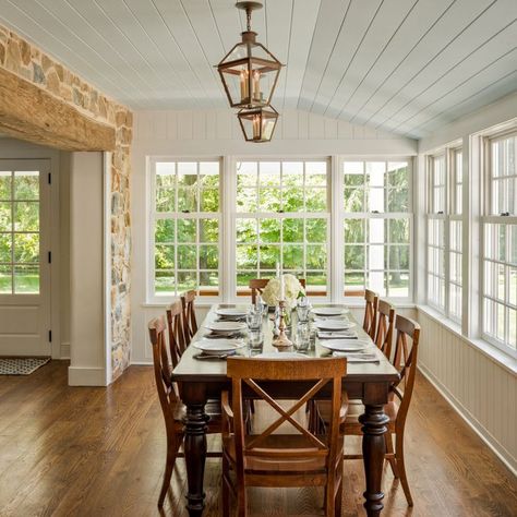 Add On Dining Room To House, Sunroom With Round Dining Table, Sunroom Dining Room Off Kitchen, Narrow Dining Room, Playroom Sunroom, Sunroom Dining Room, Extended Kitchen, Deck Ceiling, Dining Room Addition