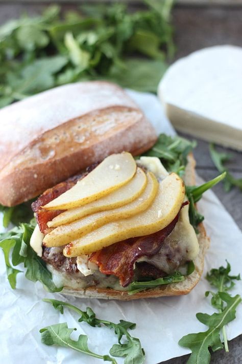 Arugula Burger, Carmelized Pears, Caramelized Pears, Caramelized Pear, Bison Recipes, Stuffed Breads, Bison Burgers, Beef Food Recipes, Sliced Pears