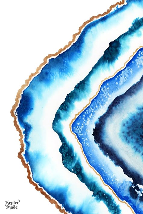 Blue Agate Watercolor Print, Gold Trim https://etsy.me/3szC6yZ #abstractgeometric #bohemianeclectic #blueagate #agatemineralart Agate Tattoo, Geode Drawing, Agate Watercolor, Agate Painting, Watercolor Geode, Crystals Watercolors, Minerals Art, Art Deco Ideas, Agate Art