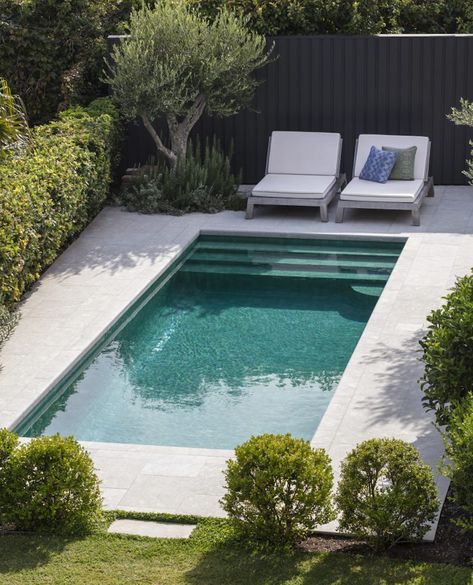 Harbourside Garden — When considering privacy in the garden, avoid relying on one single species and install groups of plants that add depth and dimension instead. The pool area to the rear of the garden makes for easy living and entertainment. Designed and built by our team it features handmade Moroccan glazed tiles which were individually sanded for a smooth finish to the interior of this pool. The oversized soft grey limestone coping was chosen to complement the turquoise waters.⁠ Small Garden Plunge Pool Uk, Pools For Small Backyard Budget, Plunge Pool Backyard, Small Pools Backyard Inground, Small Pools Backyard, Garden Pool Design, Small Inground Pool, Kleiner Pool Design, Dream Backyard Pool